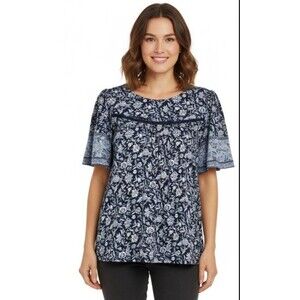 Lucky Brand Top Blouse Large Blue Boho Floral Flutter Sleeve Peasant Light Weigh